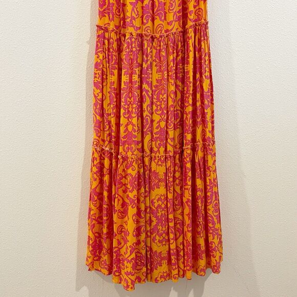 ATL Able The Label Dress Anthropologie Orange Pink Smocked Maxi Strapless Medium - Picture 3 of 6